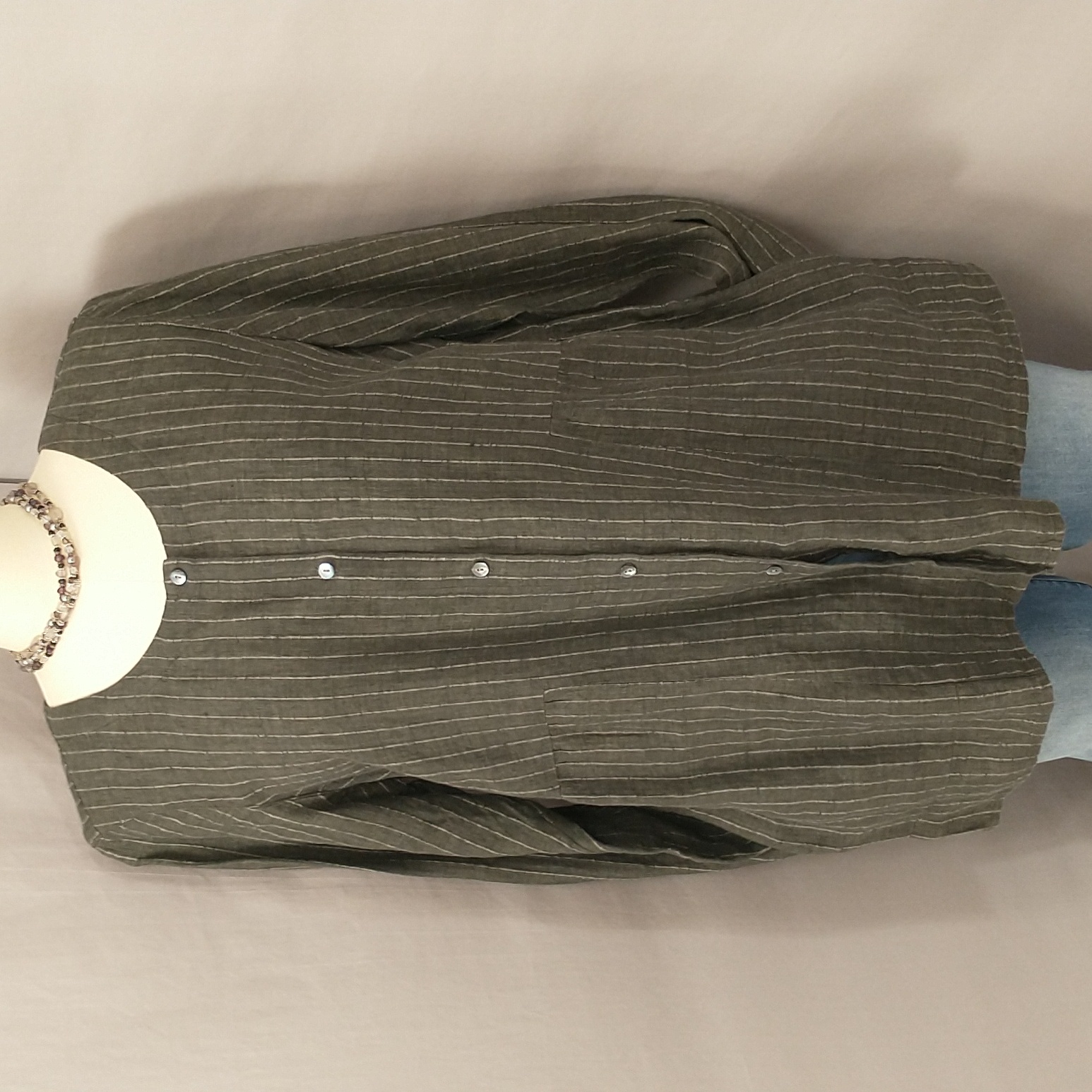 Textural 100% Linen Shaket Pockets Blouse Shirt Jacket Gray Neutral Stripe Seems